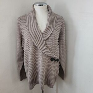 Calvin Klein Womens 1X Taupe Wavy Textured Shawl Collar Buckle Sweater